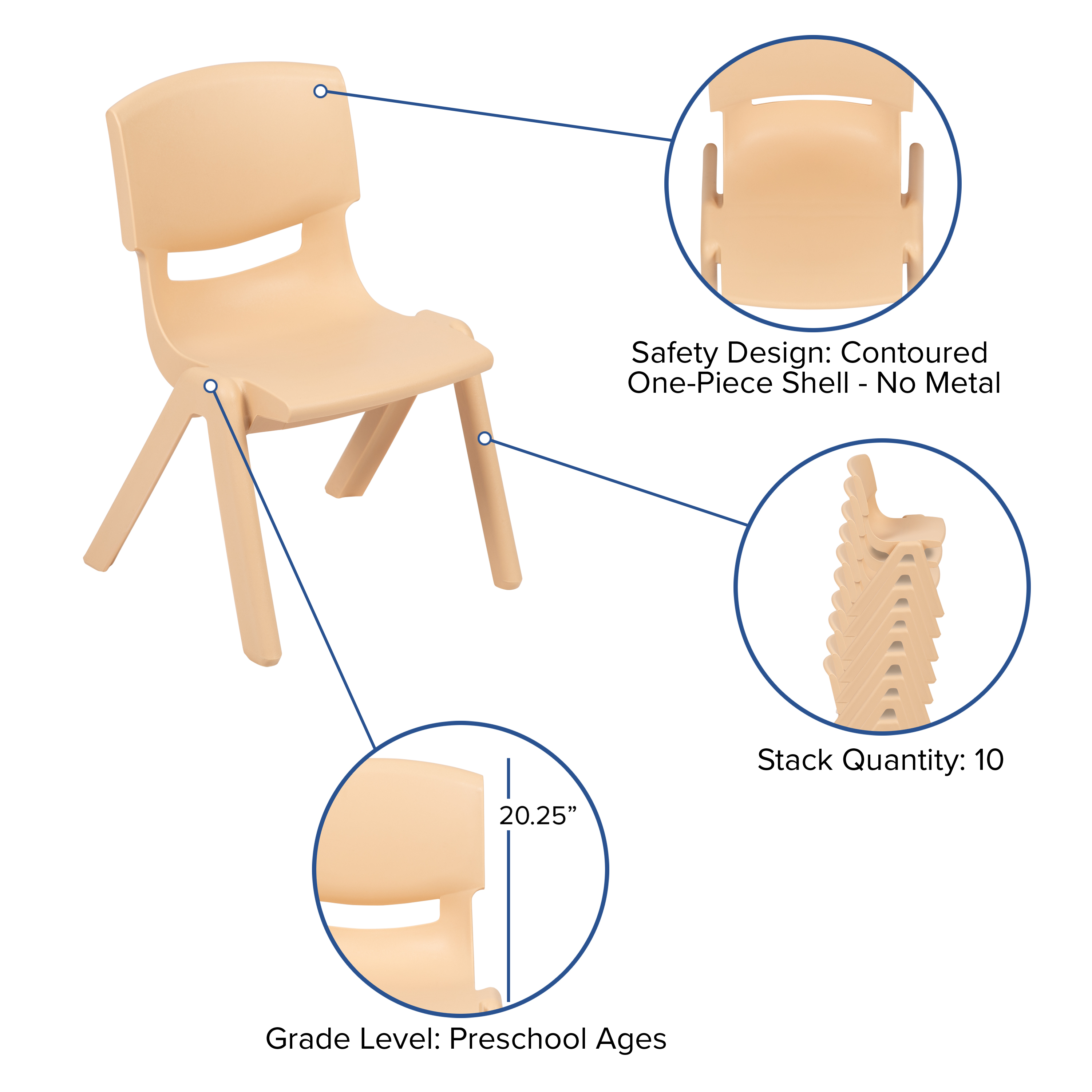 Pack de 4 sillas escolares apilables de plástico azul con asiento de 10,5" H, silla preescolar - Imagen 28 de 58
