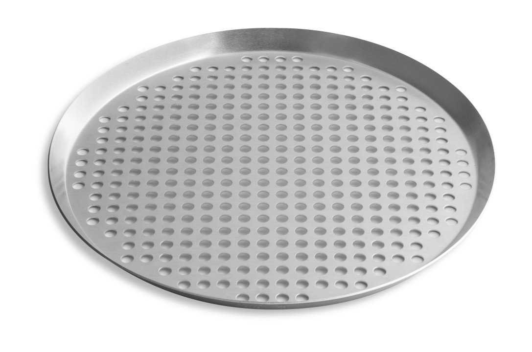 14-inch extra-perforated press-cut pizza pan in natural finish
