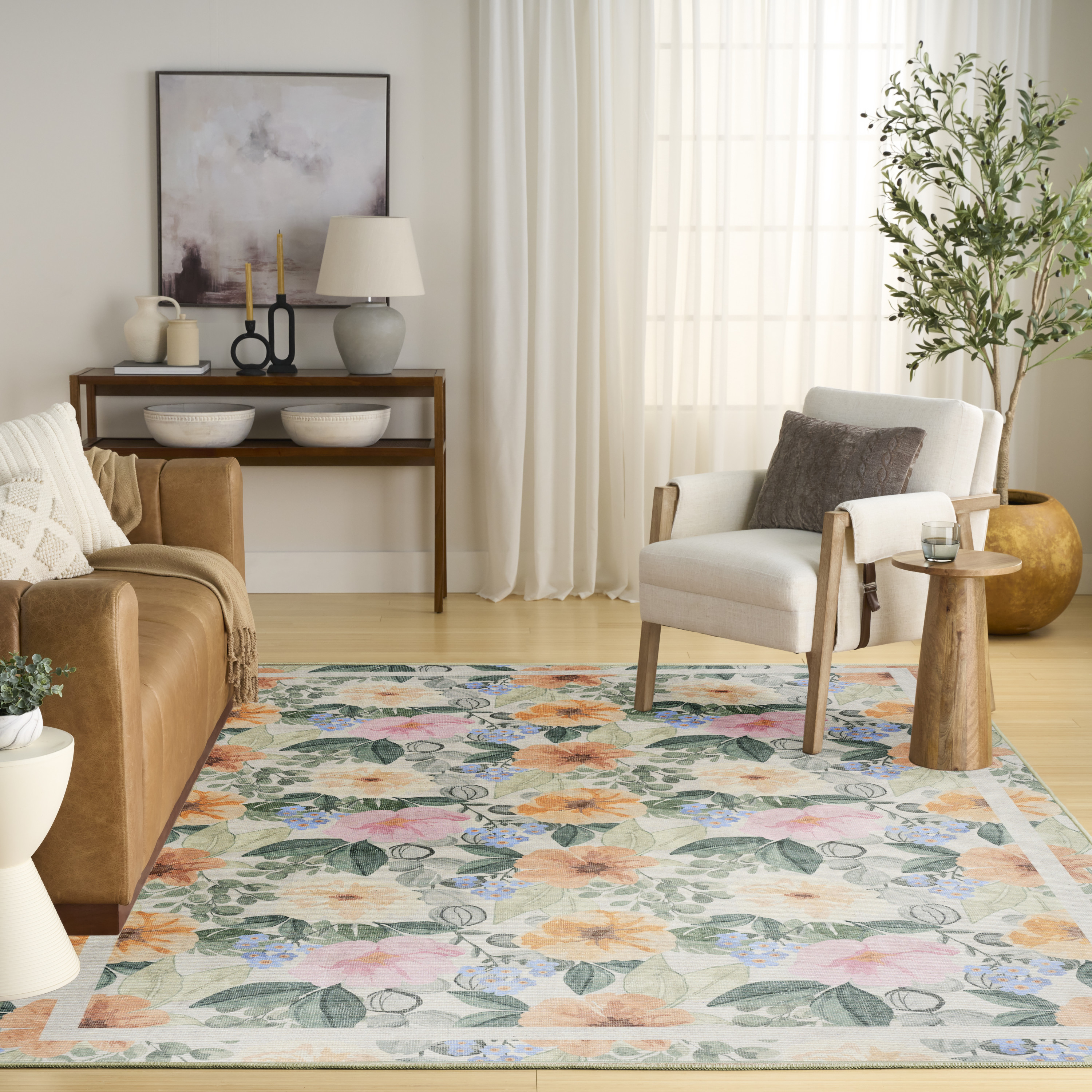 Nourison Botanical Washables 5' x 7' Ivory Multicolor Farmhouse Indoor Rug
