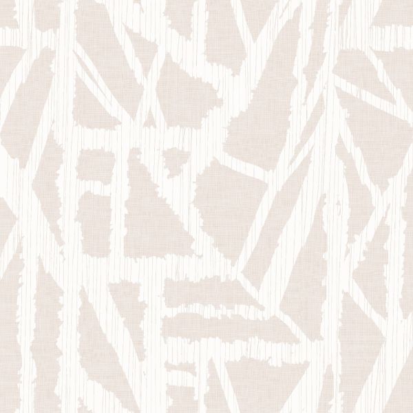 Large-scale beige-and-white abstract patterned wallpaper with brushstroke and pinstripe texture; repeating across a flat surface, providing a neutral, softly lit decorative background.