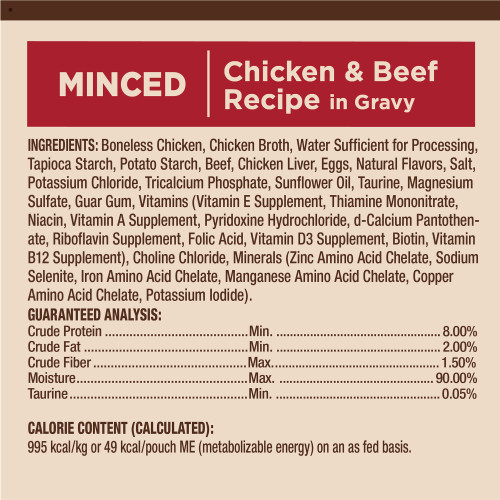 <p>Boneless Chicken, Chicken Broth, Water Sufficient for Processing, Tapioca Starch, Potato Starch, Beef, Chicken Liver, Eggs, Natural Flavors, Salt, Potassium Chloride, Tricalcium Phosphate, Sunflower Oil, Taurine, Magnesium Sulfate, Guar Gum, Vitamins (Vitamin E Supplement, Thiamine Mononitrate, Niacin, Vitamin A Supplement, Pyridoxine Hydrochloride, d-Calcium Pantothenate, Riboflavin Supplement, Folic Acid, Vitamin D3 Supplement, Biotin, Vitamin B12 Supplement), Choline Chloride, Minerals (Zinc Amino Acid Chelate, Sodium Selenite, Iron Amino Acid Chelate, Manganese Amino Acid Chelate, Copper Amino Acid Chelate,  Potassium Iodide).</p>
