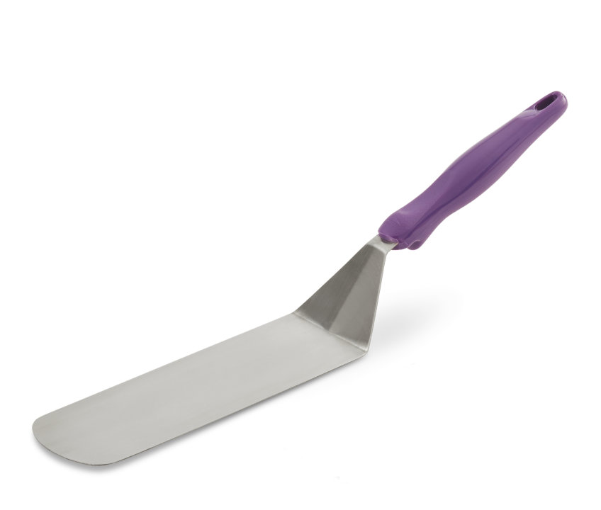 Heavy-duty stainless steel hamburger turner with flexible blade and purple nylon Ergo Grip™ handle