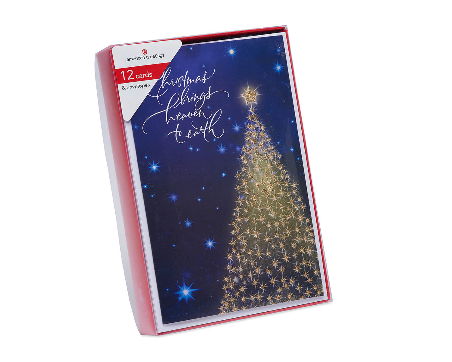 Gold Glitter Christmas Tree Religious Boxed Cards and White Envelopes