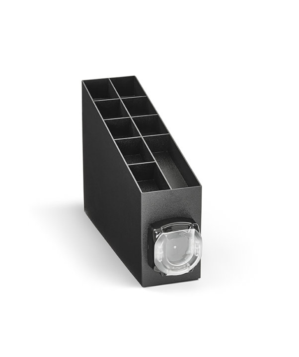 Vertical black ABS plastic dispenser cabinets with condiment organizer and LidSaver® 3 Lid Dispenser