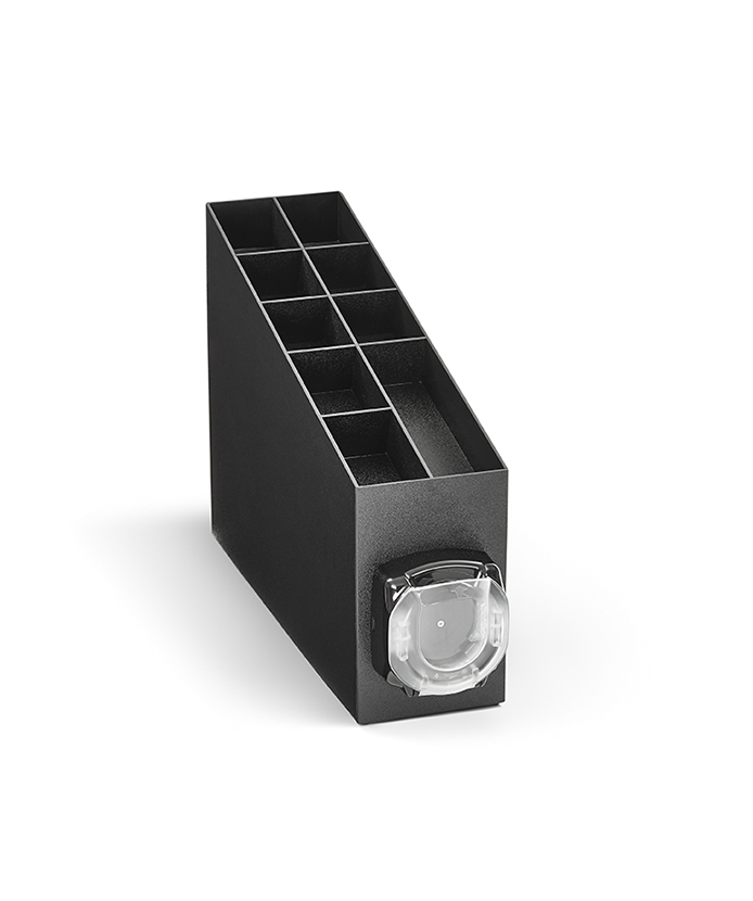 Vertical black ABS plastic dispenser with condiment organizer