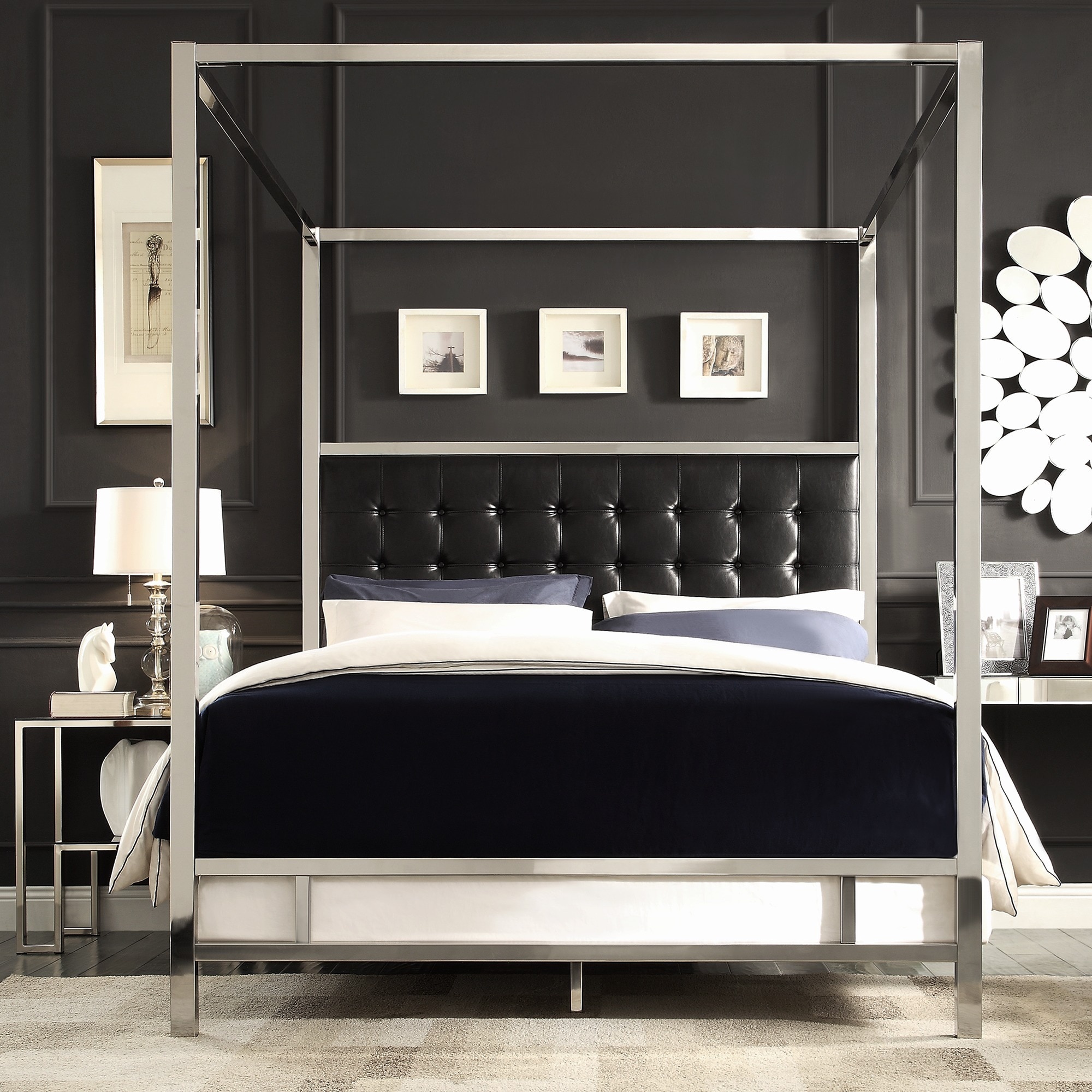 Metal Canopy Bed with Upholstered Headboard