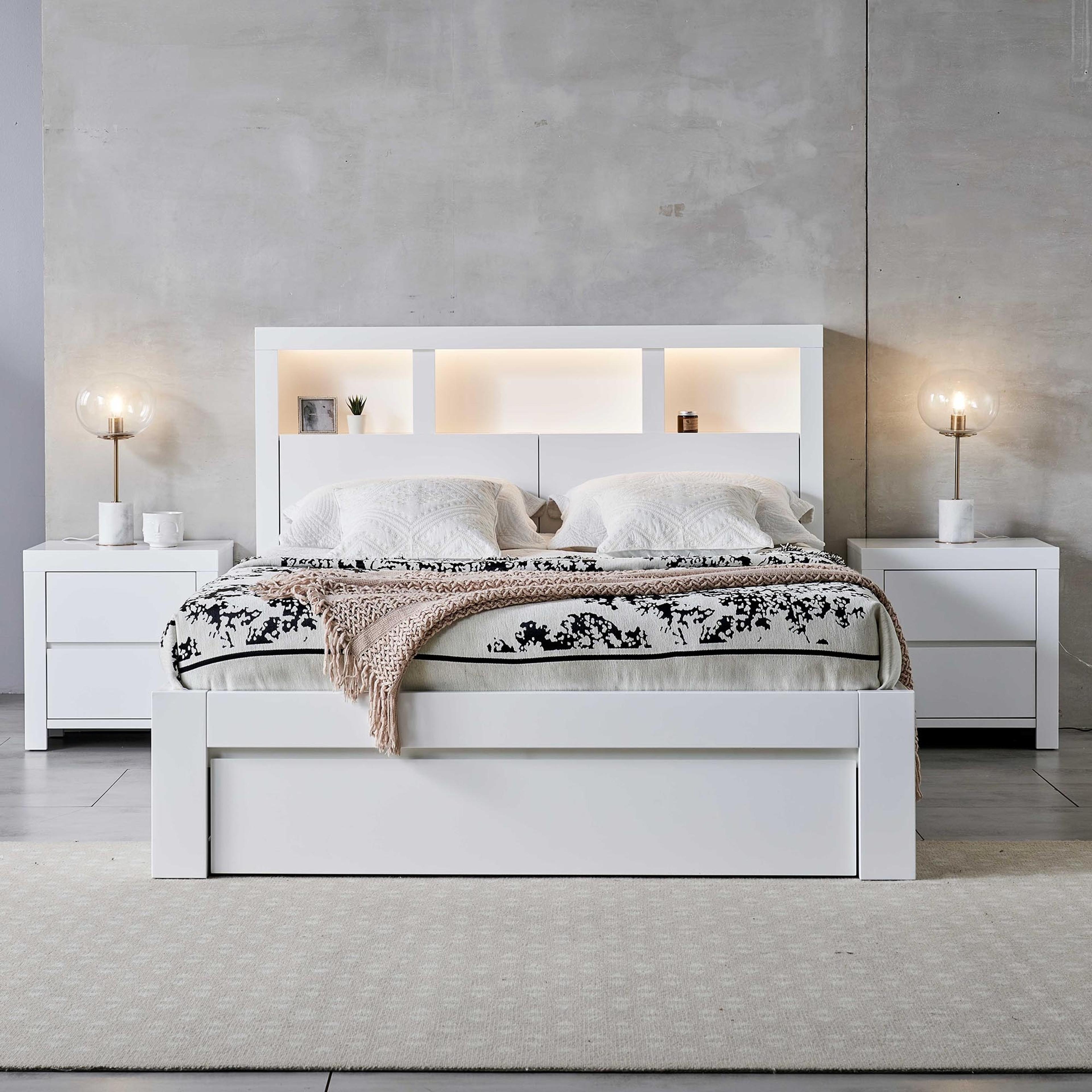 Lifestyle image of the  Lugano Bed Frame, Front Slat Gas Lift & End Drawer Base, Ivory White from Forty Winks