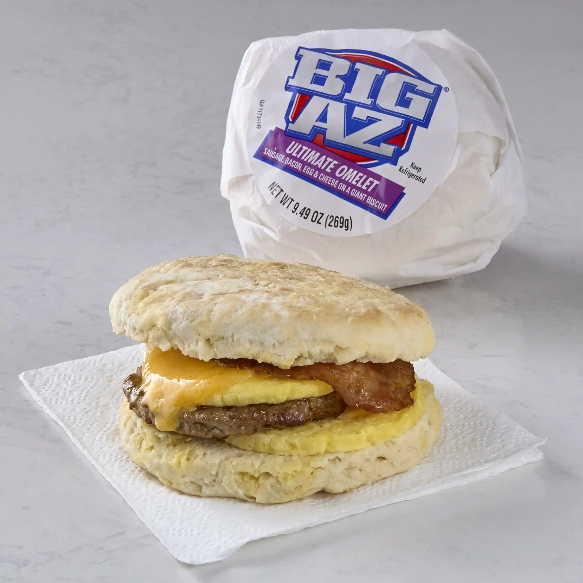 BIG AZ® Sausage, Bacon, Egg and Cheese Omelet Sandwich https://images.salsify.com/image/upload/s--bOuku5Yc--/q_25/aicutqzdwnfvcgzx4dhe.webp