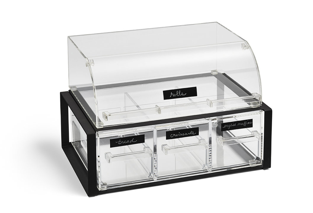 Cubic modular display case set with one nose case and one full-size three-compartment drawer with black frame