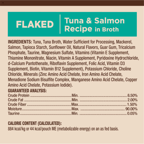 <p>Tuna, Tuna Broth, Water Sufficient for Processing, Mackerel, Salmon, Tapioca Starch, Sunflower Oil, Natural Flavors, Guar Gum, Tricalcium Phosphate, Taurine, Magnesium Sulfate, Vitamins (Vitamin E Supplement, Thiamine Mononitrate, Niacin, Vitamin A Supplement, Pyridoxine Hydrochloride, d-Calcium Pantothenate, Riboflavin Supplement, Folic Acid, Vitamin D3 Supplement, Biotin, Vitamin B12 Supplement), Potassium Chloride, Choline Chloride, Minerals (Zinc Amino Acid Chelate, Iron Amino Acid Chelate, Menadione Sodium Bisulfite Complex, Manganese Amino Acid Chelate, Copper Amino Acid Chelate, Potassium Iodide).</p>

