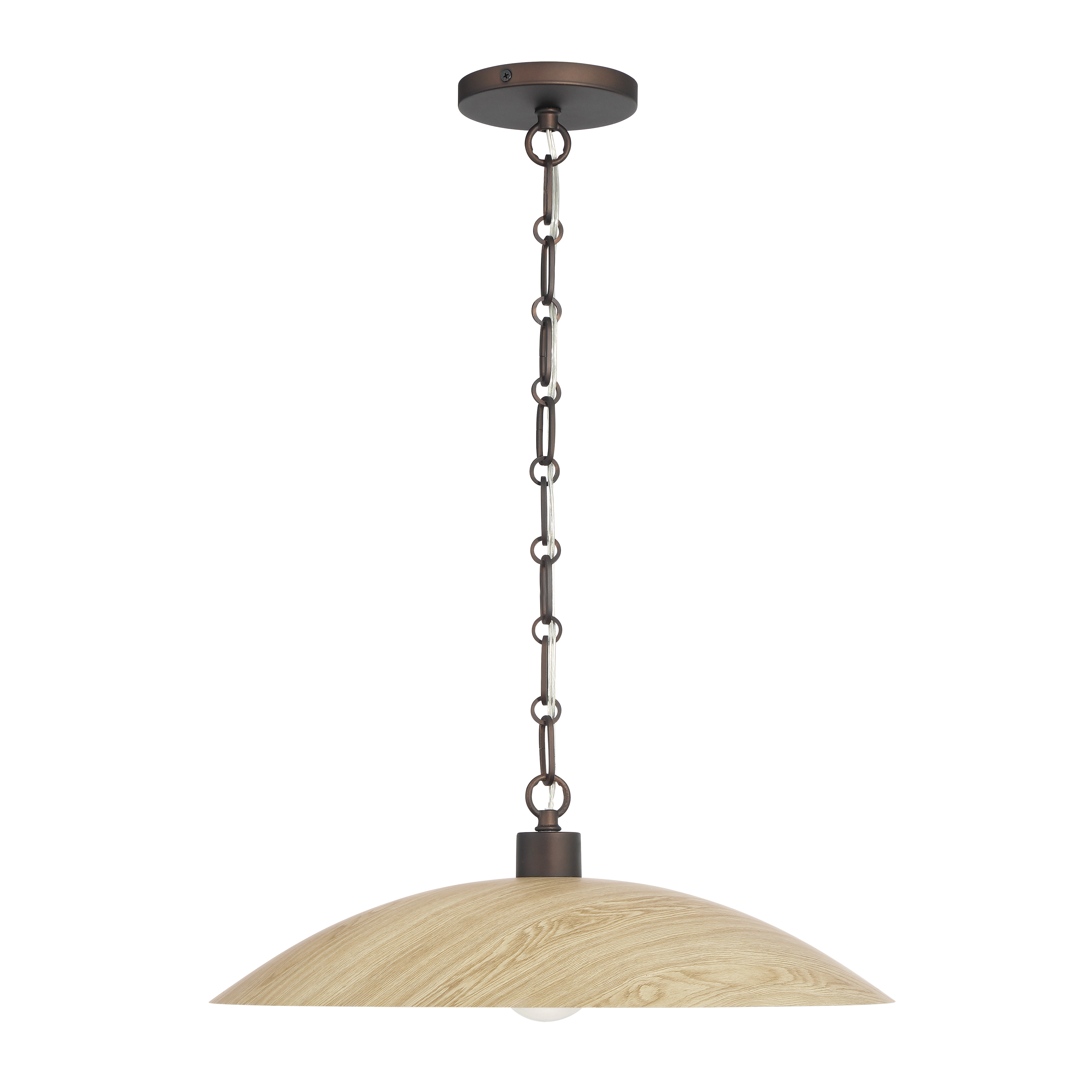 The Derby pendant blends traditional bronze metalwork with a light oak printed shade for warm, inviting illumination. Its 18.5-inch diameter makes it ideal for smaller dining areas and kitchen islands. - alternate view