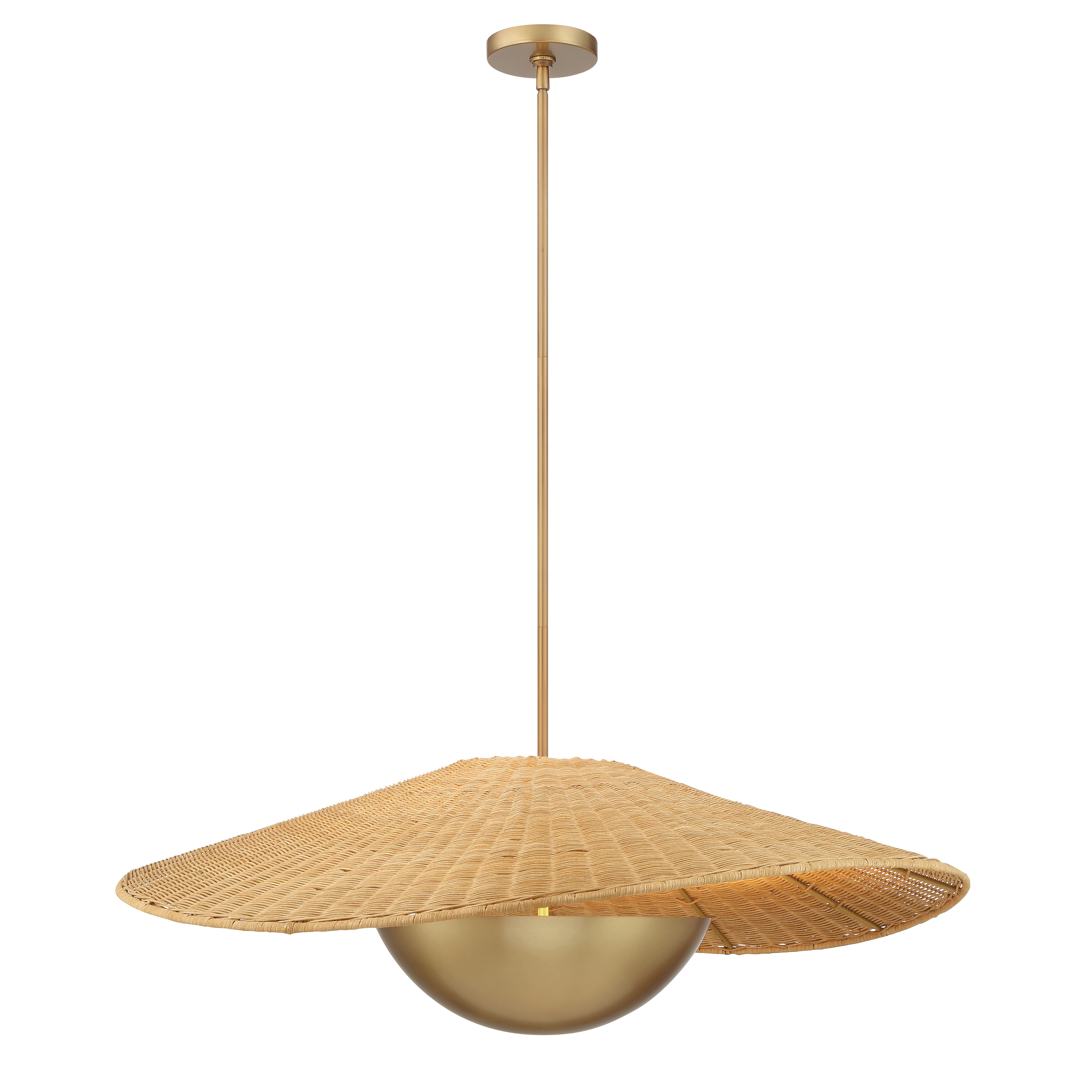 The Nestor 36" pendant brings organic warmth through handwoven natural rattan paired with sophisticated Legacy Brass hardware. Its generous 36-inch linear profile makes a bold statement over dining tables and kitchen islands. - alternate view