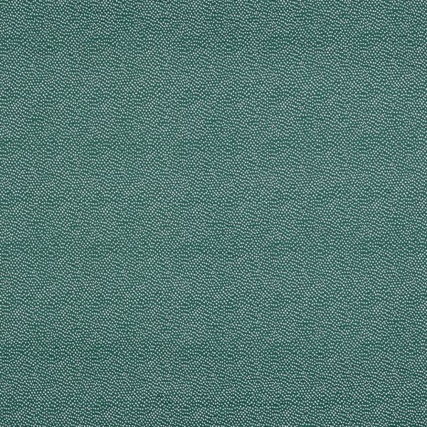 Teal fabric or wallpaper covered edge-to-edge with dense, irregular small white dots; repeating speckled pattern across a flat, evenly lit close-up surface suggesting textile or wall covering.