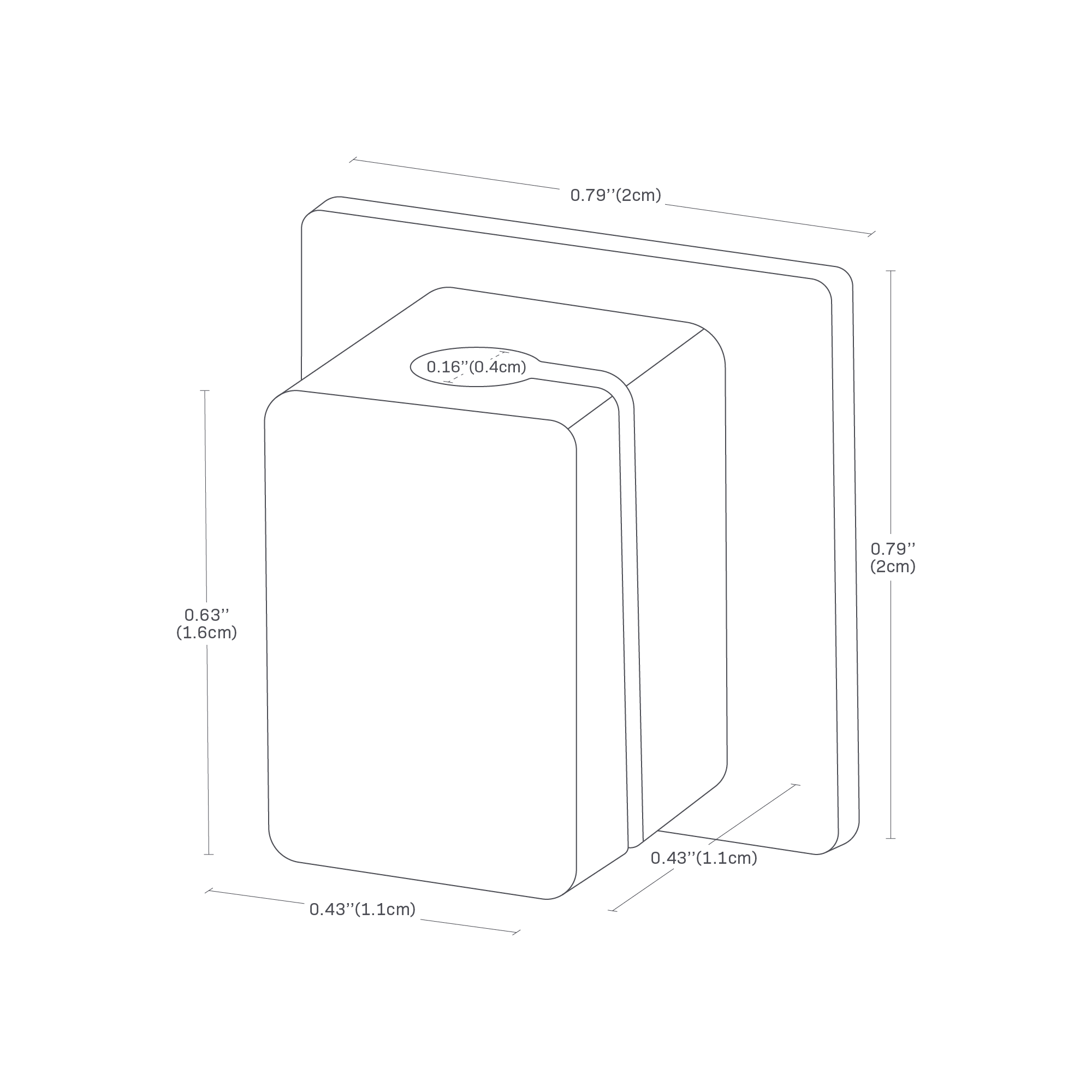 A detailed dimensions image of the cable holder featuring the dimensions L 0.55 x W 0.79 x H 0.79 inches.