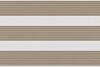 Dual-layer zebra roller blind lowered, alternating beige textured slats and white sheer bands; partially filtering light across a neutral interior wall, producing soft, evenly diffused daylight.