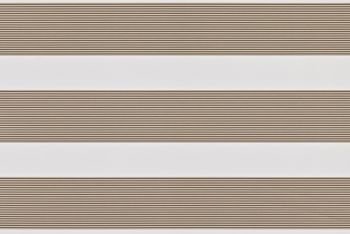 Dual-layer zebra roller blind lowered, alternating beige textured slats and white sheer bands; partially filtering light across a neutral interior wall, producing soft, evenly diffused daylight.