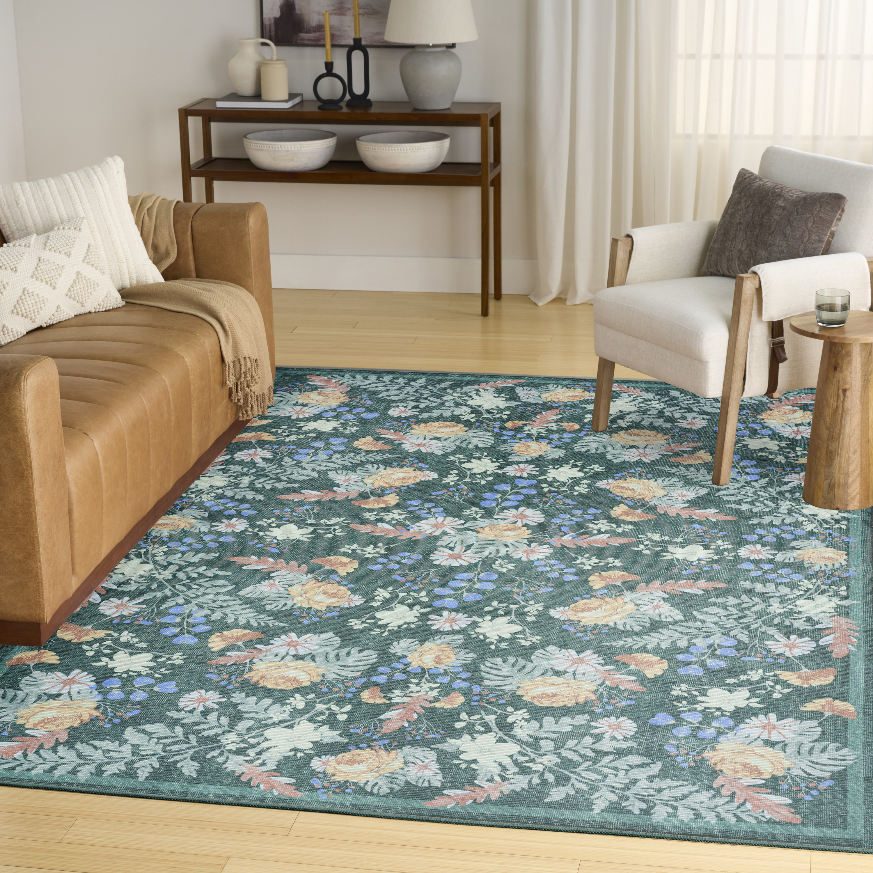 Nourison Botanical Washables 5' x 7' Green Multicolor Farmhouse Indoor Rug