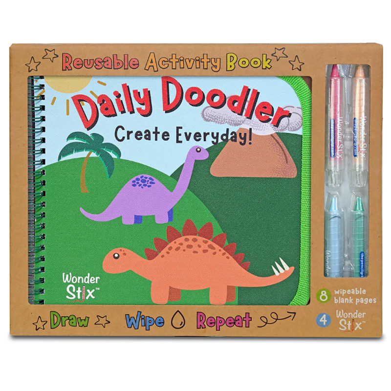 Daily Doodler Reusable Activity Book- Dino Cover, Includes 4 Wonder Stix