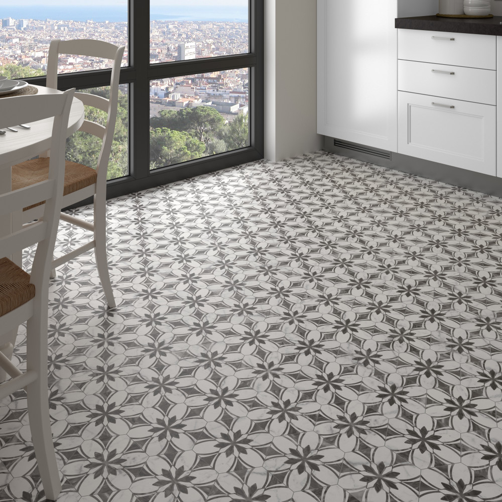 Sample – Classico Bardiglio Hex Dahlia Dark Porcelain Floor and Wall Tile