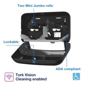 SCA555568, Tork,  T2 Mini Jumbo 2-Roll Toilet Paper Dispenser, Black
