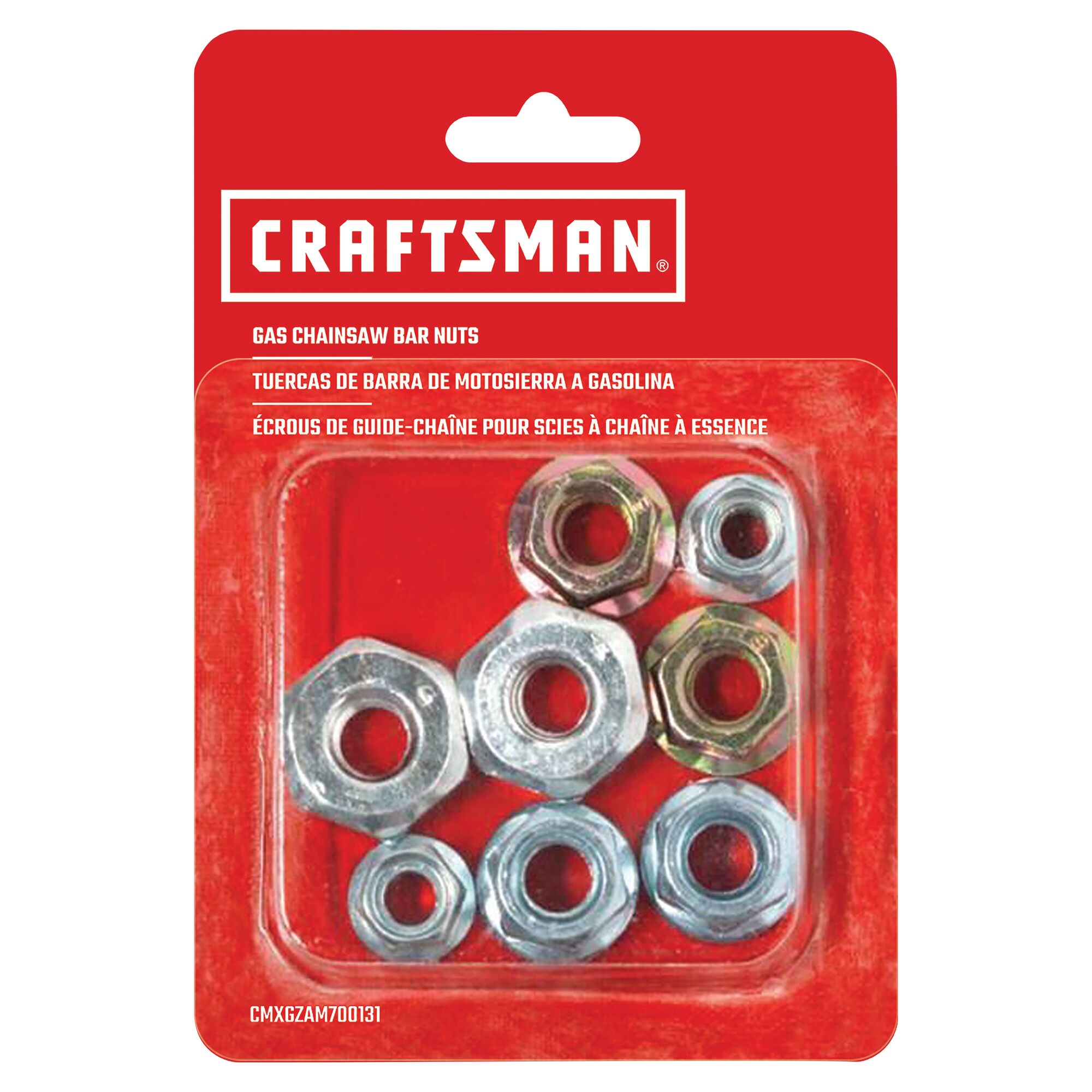 Chainsaw bar nuts in cardboard packaging.
