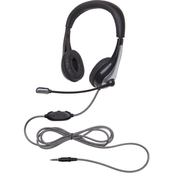 NeoTech 1025MT Mid-Weight, On-Ear Stereo Headset with Gooseneck Microphone, 3.5mm Plug, Black/Silver