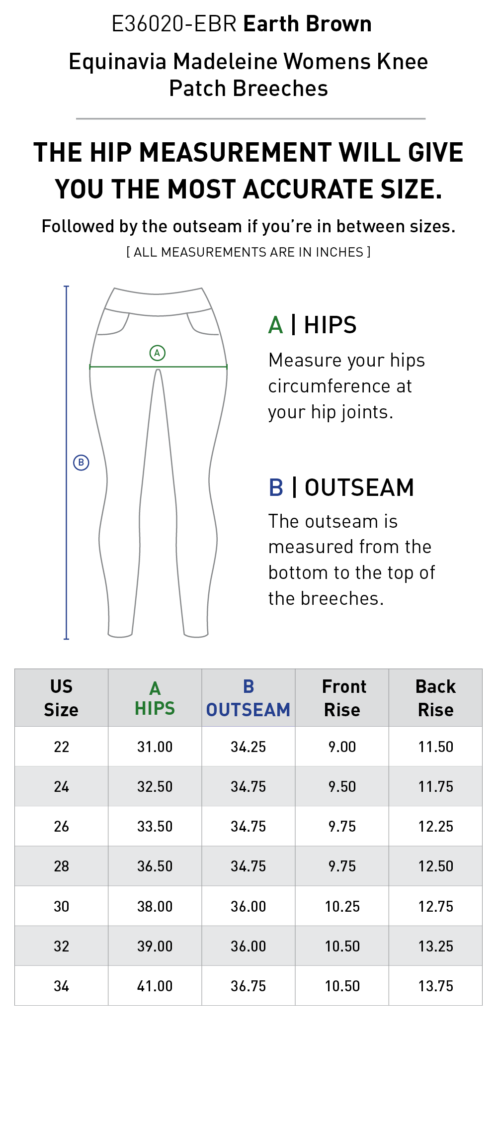 Size chart for Equinavia Madeleine Womens Knee Patch Breeches - Earth Brown