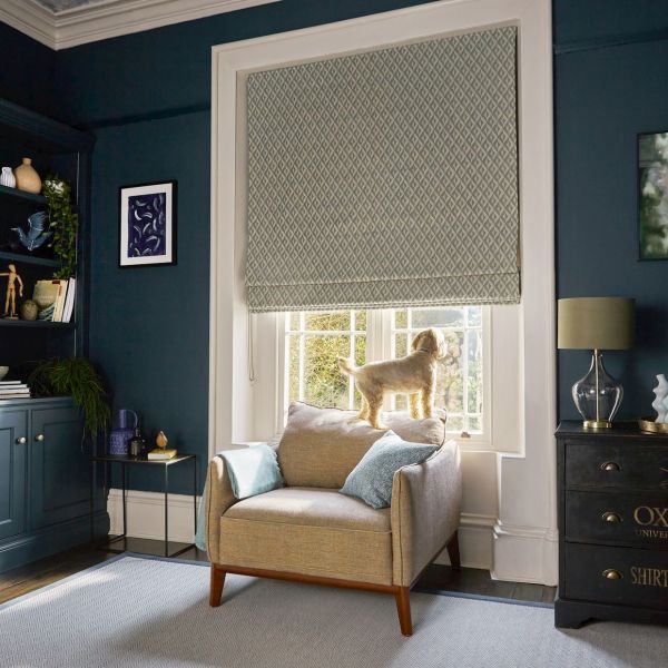Patterned Roman blind with diamond motif, drawn almost fully down leaving a small gap; it filters soft daylight. Context: cozy teal living room, armchair by window with a small dog on the cushion.
OXFORD UNIVERSITY SHIRTS