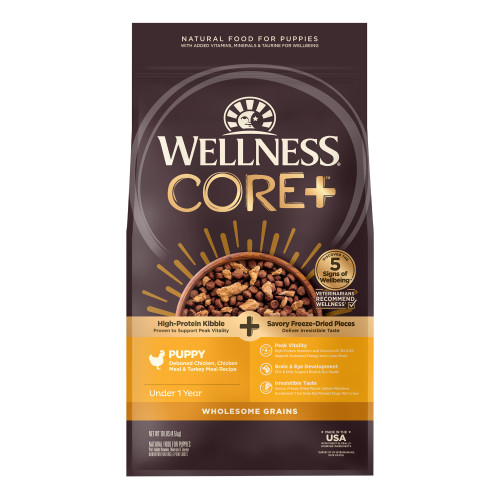 Wellness CORE+ Wholesome Grains Puppy Chicken with Freeze Dried Turkey Front packaging