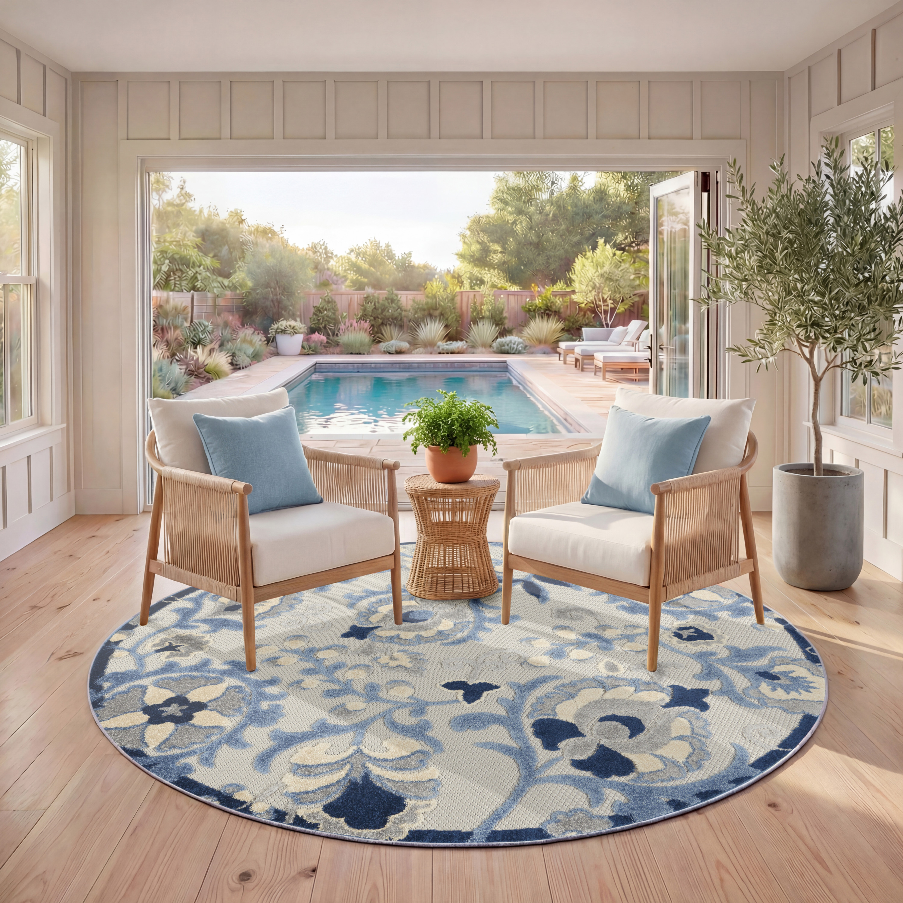 Nourison Aloha 5'3" x Round Blue Grey Farmhouse Rug