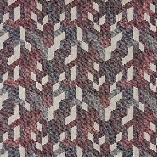 Geometric patterned fabric or wallpaper featuring repeating three-dimensional hexagonal chevron modules in muted burgundy, gray, and cream; flat, evenly lit surface showing woven texture across the seamless design.