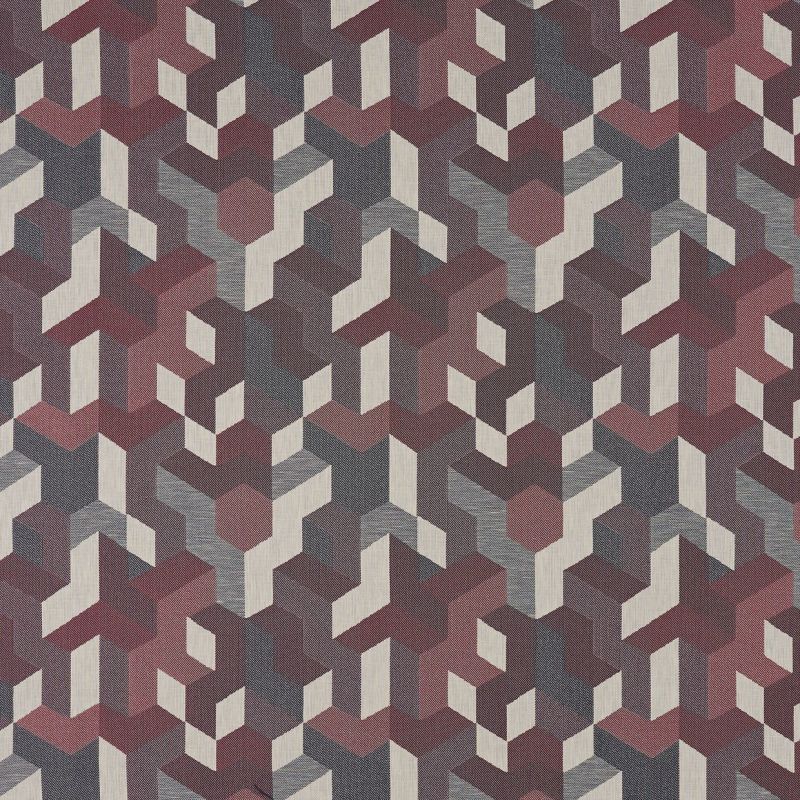 Geometric patterned fabric or wallpaper featuring repeating three-dimensional hexagonal chevron modules in muted burgundy, gray, and cream; flat, evenly lit surface showing woven texture across the seamless design.