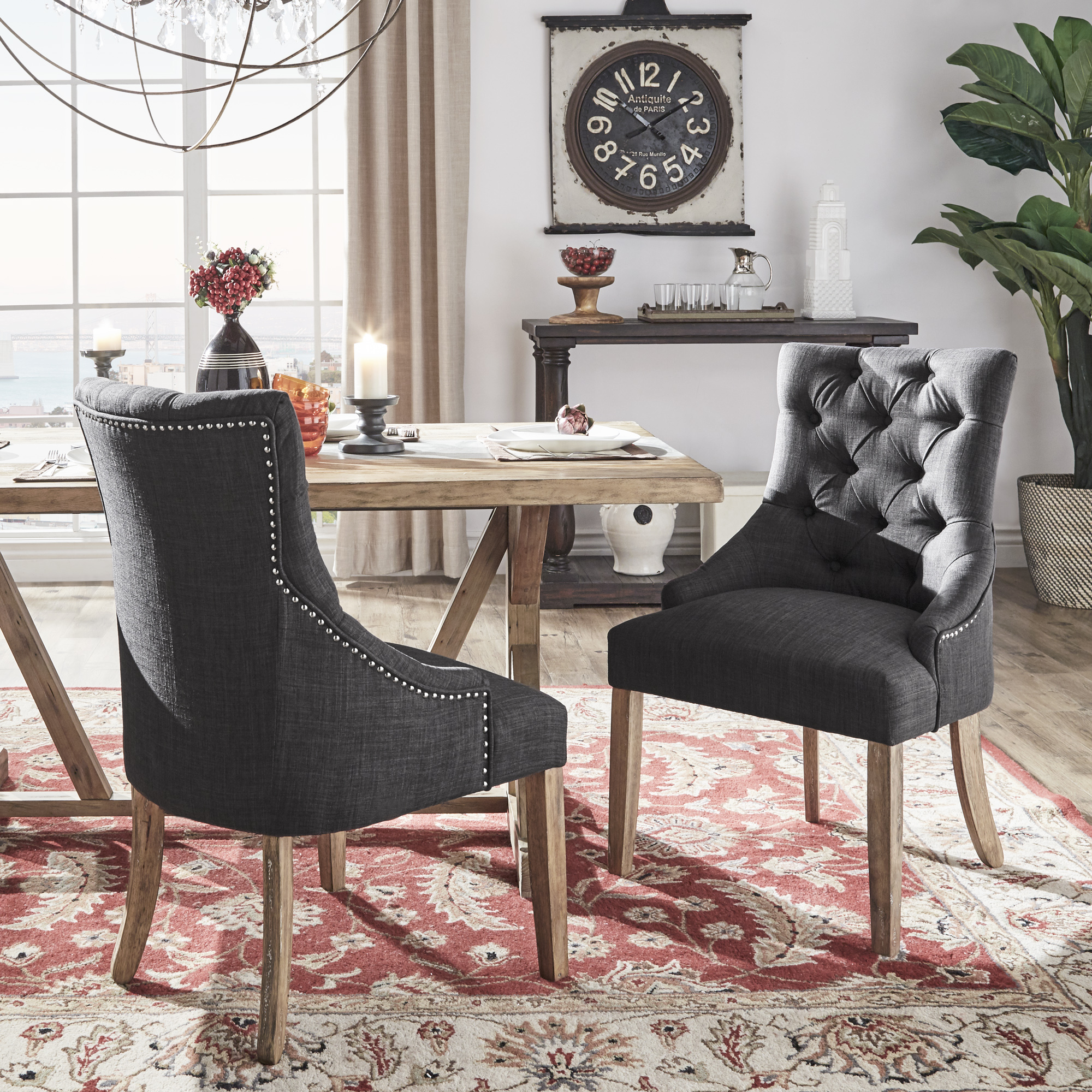 Linen Button Tufted Curved Back Dining Chairs (Set of 2)