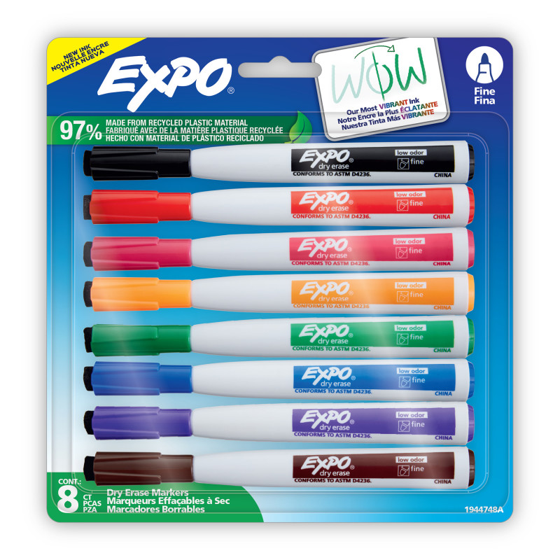 Magnetic Dry Erase Markers with Eraser, Fine Tip, Assorted Colors, 8-Count