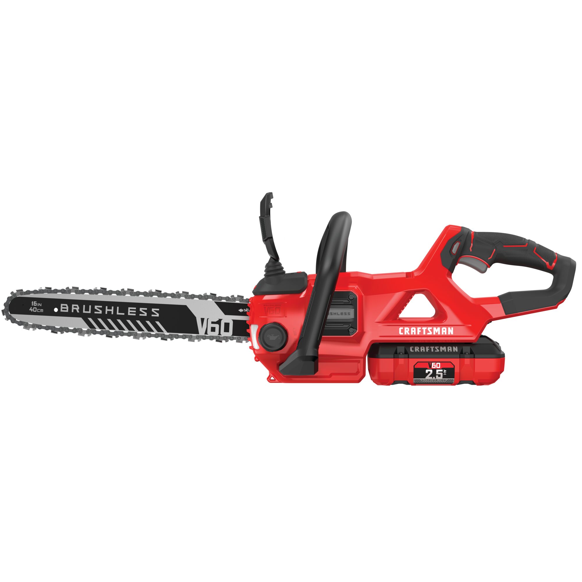 Right profile of volt 60 cordless 16 inch brushless chainsaw kit 2.5 Amp hour.