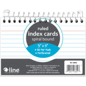 Spiral Bound Index Card Notebook, 3" x 5", 50 Cards, Ruled