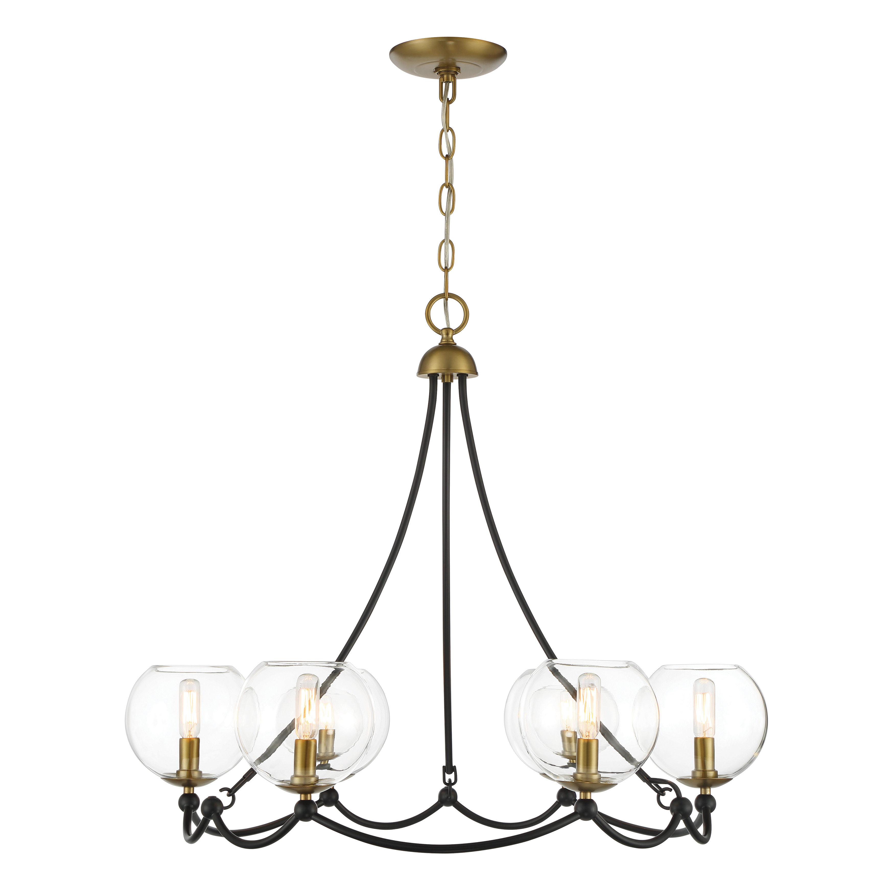 The Kearney Park chandelier combines coal black steel with soft brass accents and clear glass shades for a sophisticated modern industrial aesthetic. Its 6-light configuration and 29-inch width make it versatile for dining rooms and kitchen islands. - alternate view