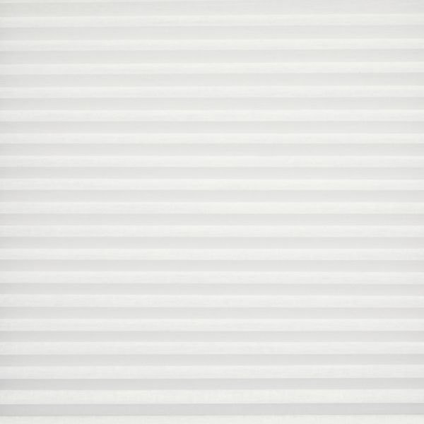 White horizontal pleated blinds filling the frame, evenly spaced shallow pleats across a window; closed, softly diffusing daylight; interior setting with neutral, evenly lit background and no visible view.