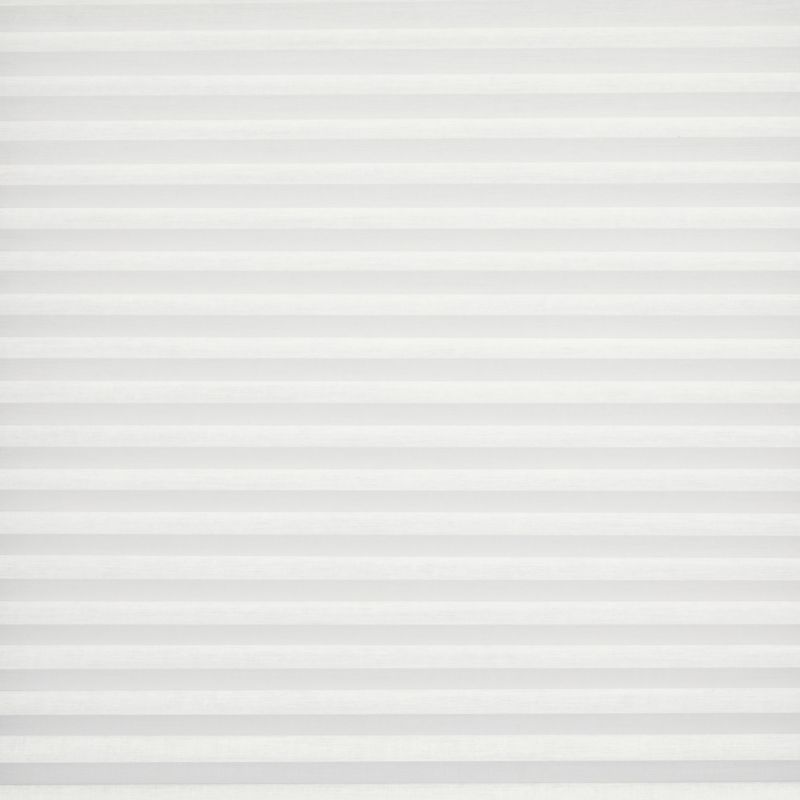 White horizontal pleated blinds filling the frame, evenly spaced shallow pleats across a window; closed, softly diffusing daylight; interior setting with neutral, evenly lit background and no visible view.