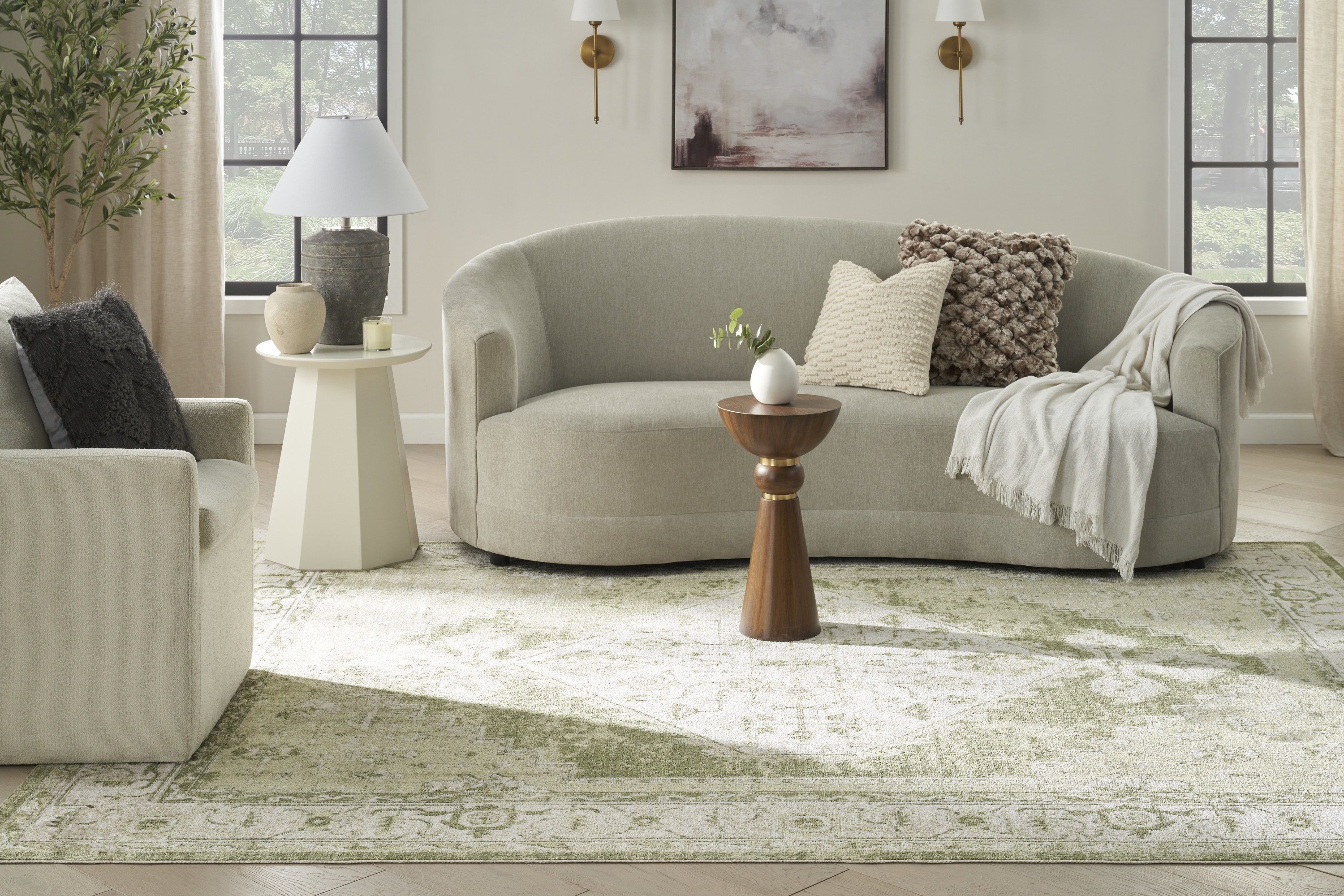 Nourison Astra Machine Washable 6'7" x 9' Ivory Green Vintage Indoor Rug