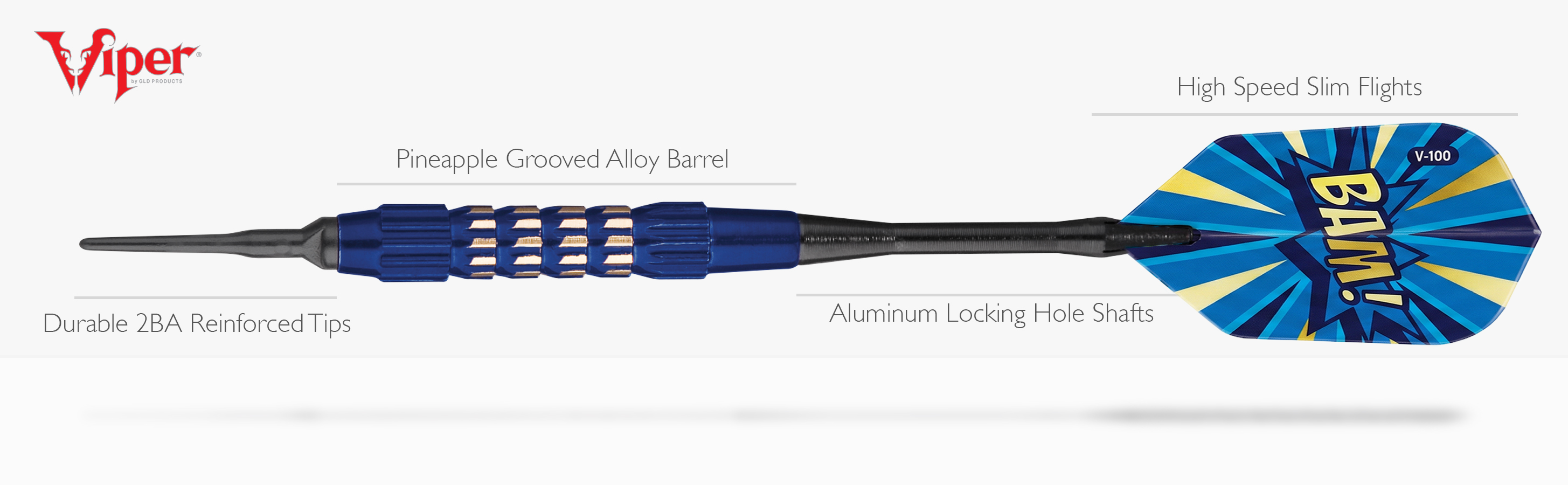 Diagram of dart with tempered steel points, grooved blue barrel, and blue flight with 'BAM!' text