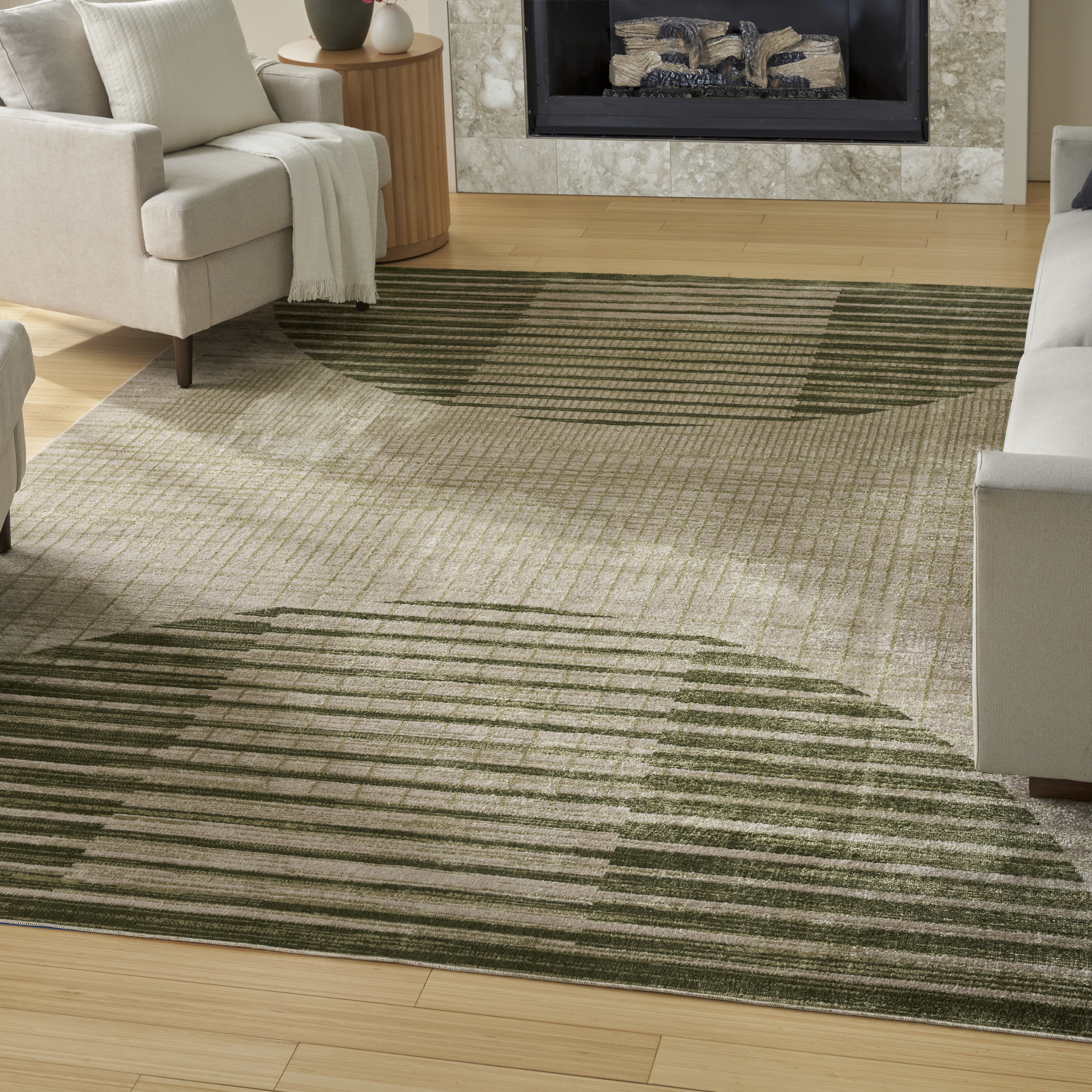 Nourison Astra Machine Washable 6'7" x 9' Ivory Olive Mid-Century Modern Indoor Rug