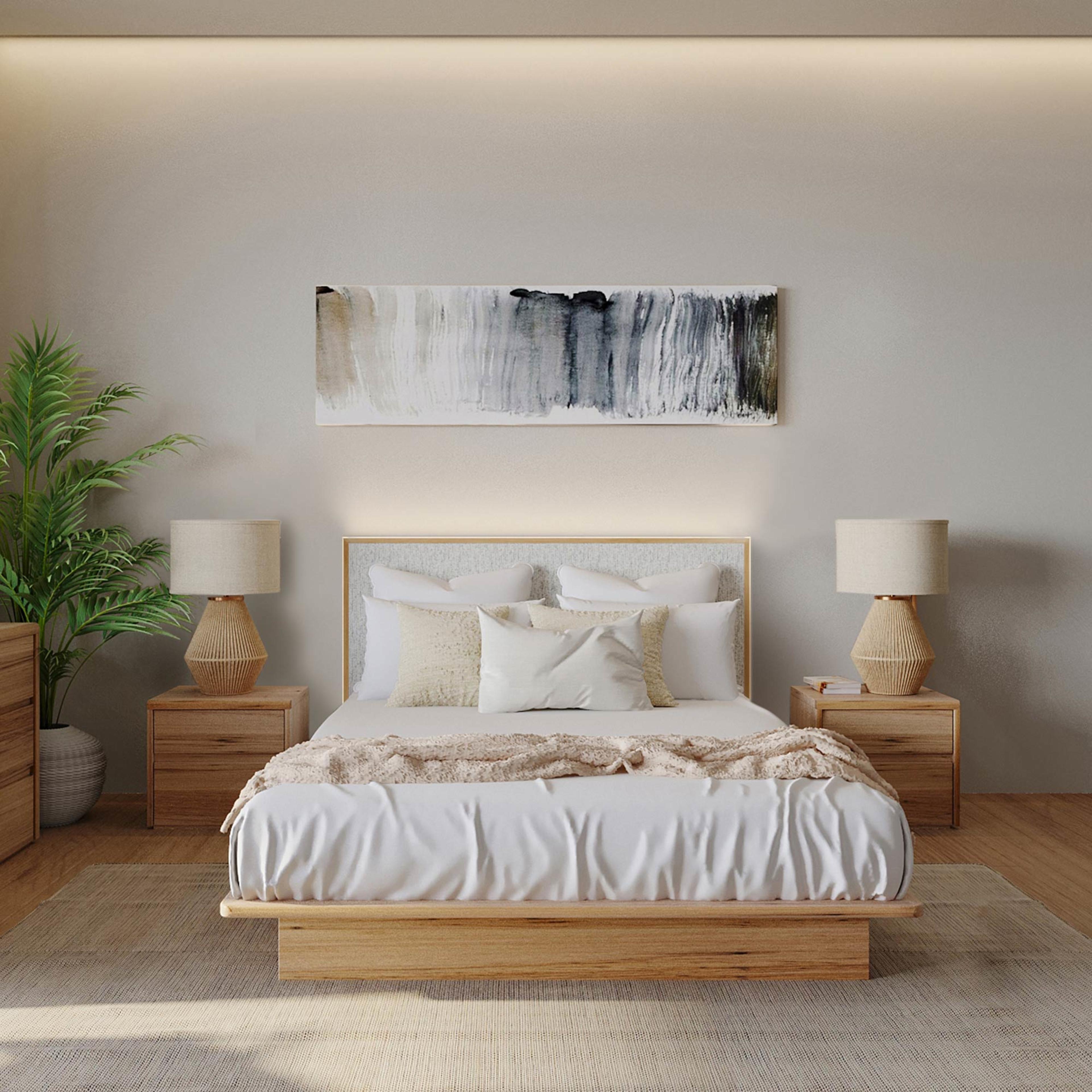Lifestyle image of the  Soho Bed Frame, W/ Narrow Headboard & Timber Base, Light Ash-Montague Alabaster from Forty Winks