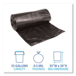 Boardwalk,  LLDPE Liner, 33 gal Capacity, 33 in Wide, 39 in High, 0.5 Mils Thick, Black