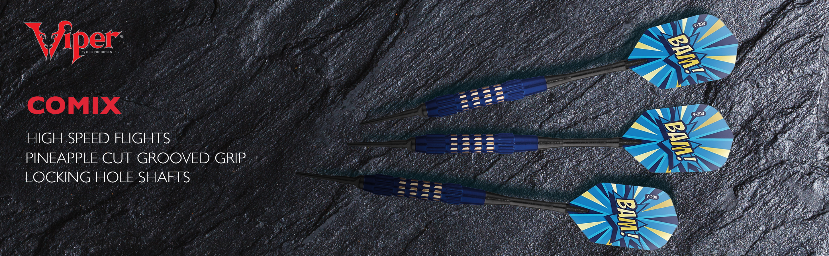 Three Viper Comix darts with blue barrels, white grip bands, and blue flights printed with yellow 'BAM!' text on dark textured background