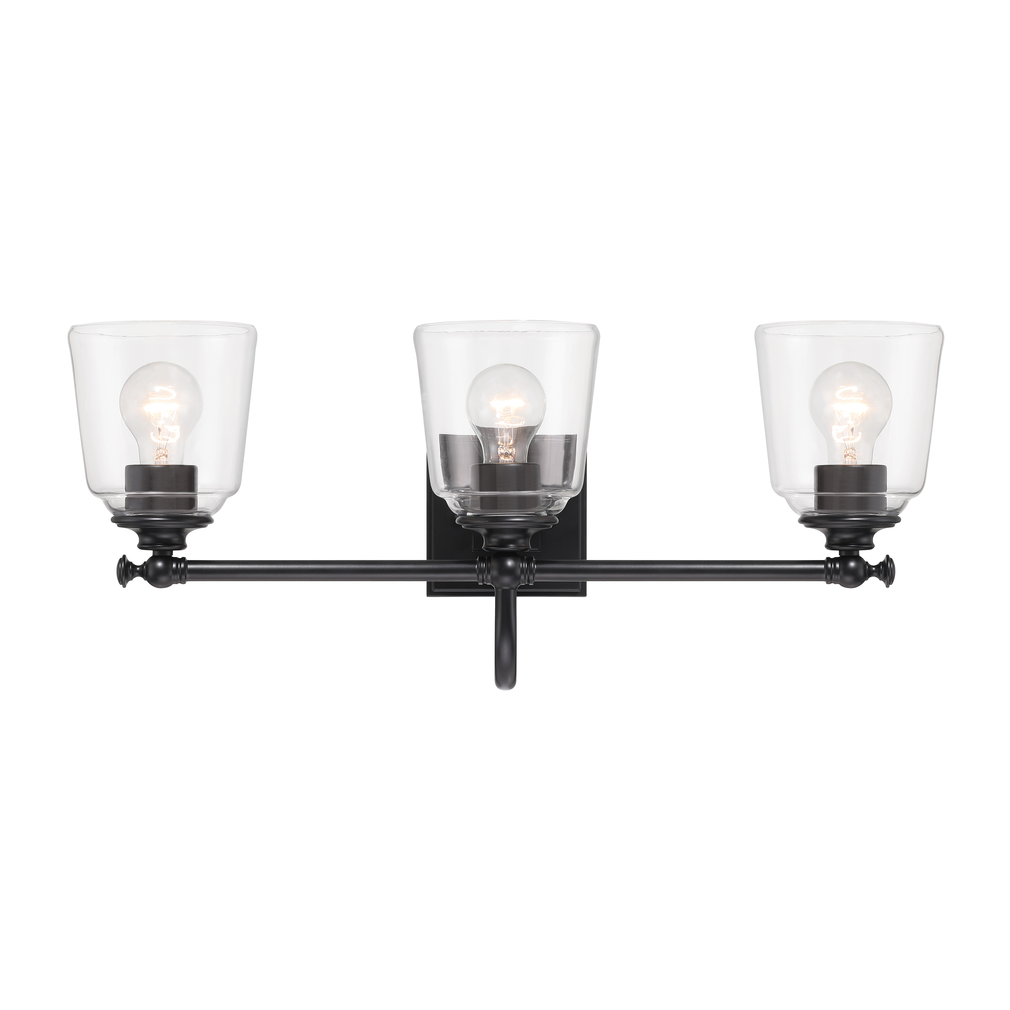 The Antonia vanity light combines contemporary styling with practical three-light illumination. Its coal black finish and glass shades create a striking focal point perfect for modern bathrooms and powder rooms. - alternate view
