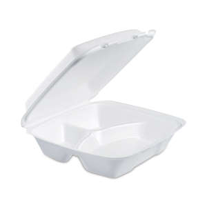 Dart, Foam Hinged Lid Container, 3-Compartment, 8 oz, 9" x 9.4" x 3", White