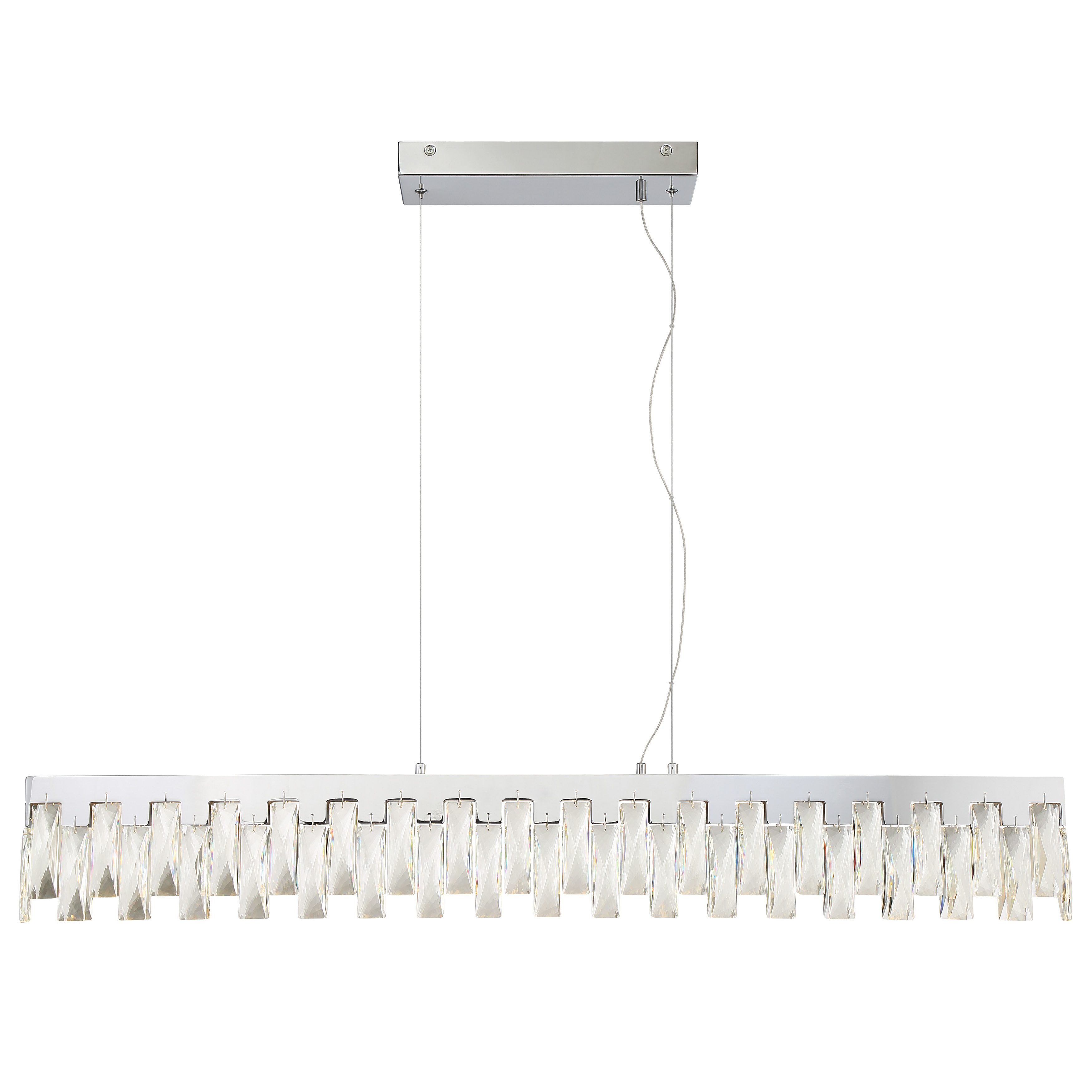 The Curio LED Island Light combines contemporary chrome styling with sparkling crystal elements to create a sophisticated focal point. At 43.5 inches wide, it's perfectly sized for kitchen islands and dining tables, delivering 2,398 lumens of high-CRI light. - alternate view