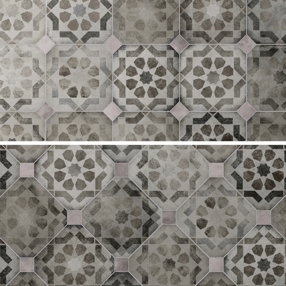 Laverton Octagon Deco Sombra with Taco Gris 7-7/8 in. x 7-7/8 in. Porcelain Floor and Wall Tile