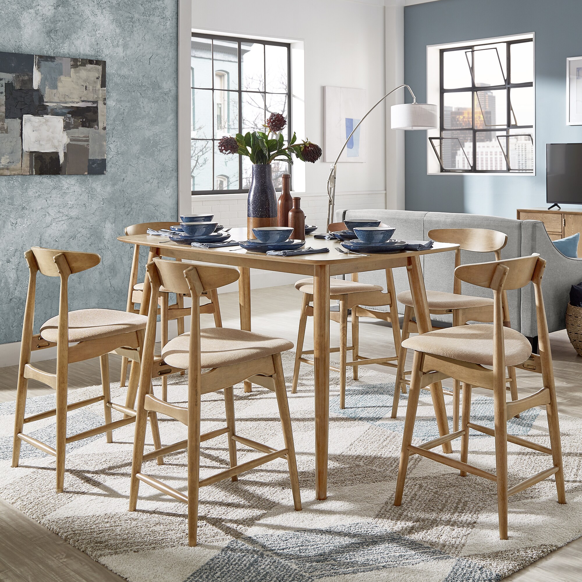 Mid-Century Natural Oak Counter Height Dining Set